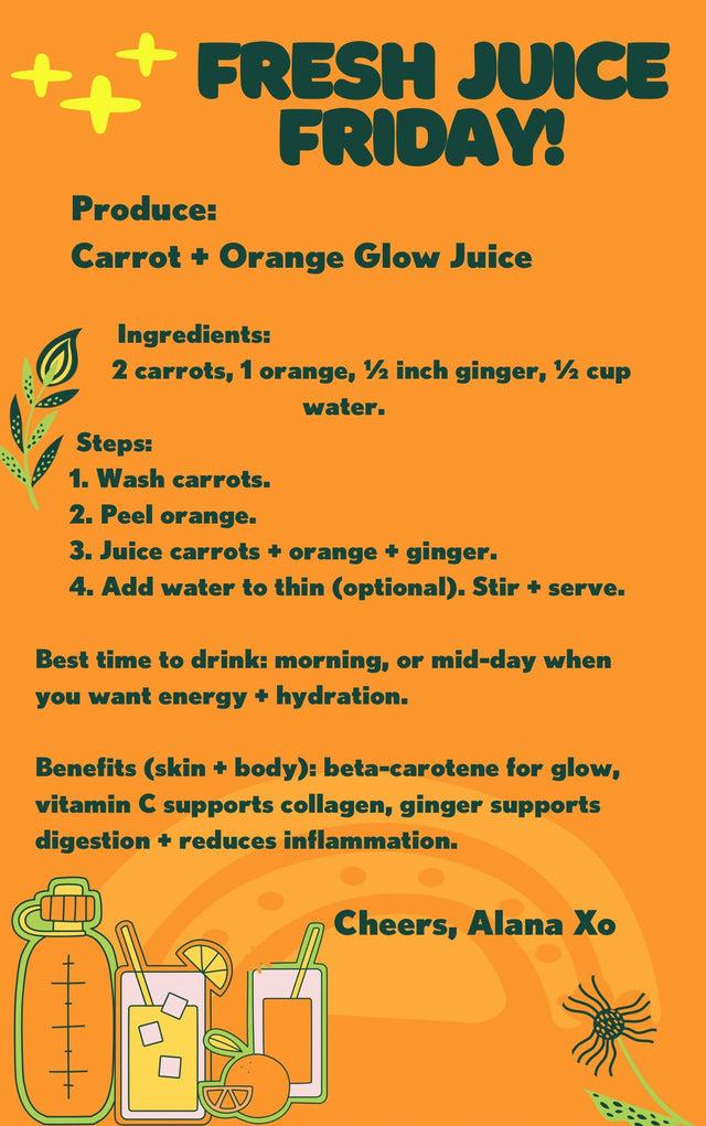 Carrot and Orange Glow Juice recipe by Alana, with ingredients and steps.